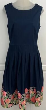 Chadwicks Women's Fit & Flare Sleeveless Navy Dress with Floral Hem Size 10 NWOT